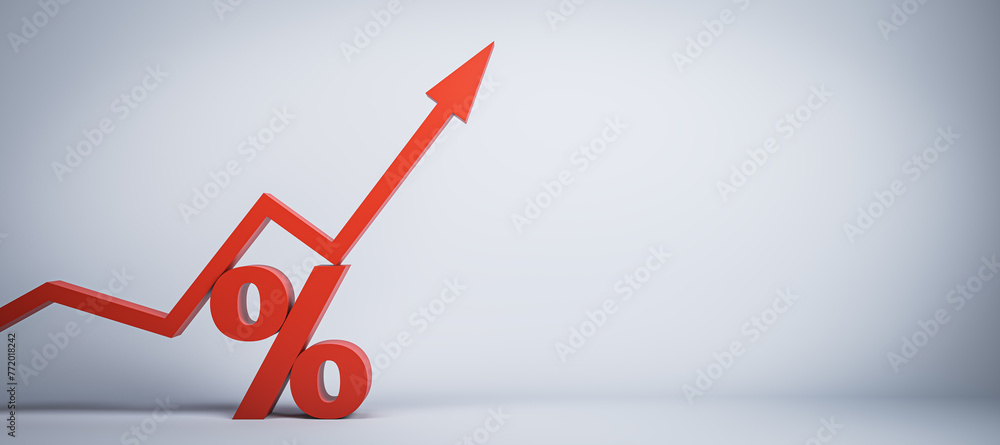 Poster Increasing percentage icon on wide concrete background with mock up place. Red arrow and percent sign. 3D Rendering.