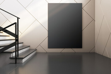 Chic black poster mockup in a textured wall space with stair. 3D Rendering