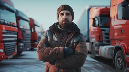Fototapeta na wymiar Confident truck driver standing in front of red trucks on a cold day. Professional, experienced, transportation industry. AI