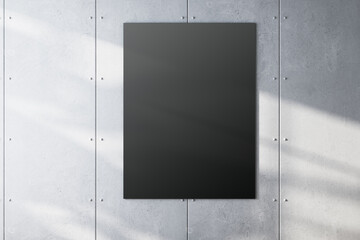 Dark black canvas mockup on a grey concrete wall, shadow play. Presentation concept. 3D Rendering