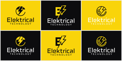letter E logo design with Flash Thunder Bolt combination, Electric E Logo vector Template - obrazy, fototapety, plakaty