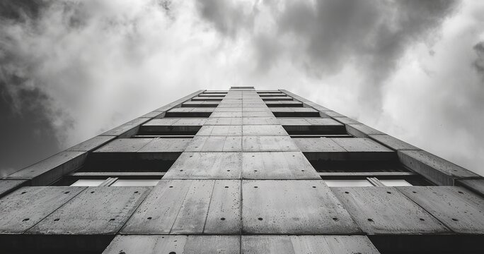 Concrete texture on a modern building, close-up, cloudy day, wide angle, stark detail. 