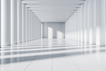 A modern and clean corridor with repetitive pillars, showcasing a bright and simple design on a white background, giving a futuristic perspective. 3D Rendering