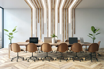 Modern office interior with wooden table and chairs, decorative plants, and vertical wooden beams with lights against a blank wall. 3D Rendering