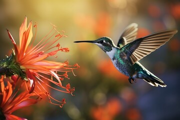 A small hummingbird flutters near a flower close-up