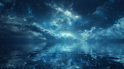 Generate an image featuring the tranquil beauty of a starry night reflected in calm waters