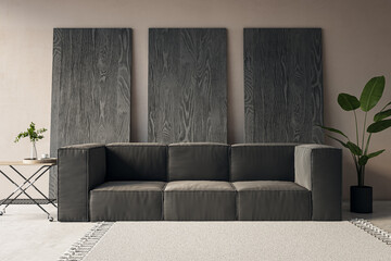 Modern living room interior with sofa, coffee table and decorative wooden planks leaning on wall. 3D Rendering.