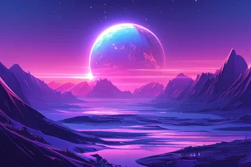 Fotobehang A digital artwork featuring a fantastical landscape.  A large, glowing sphere floats in the sky  above a mountain range and a lake. © STOCKAI