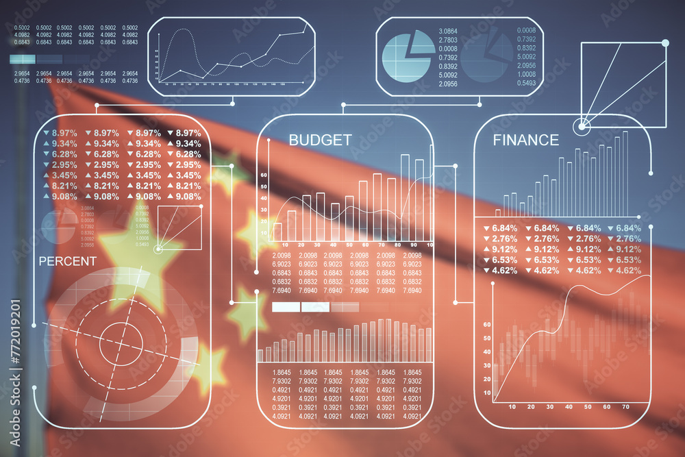 Poster Multi exposure of creative statistics data hologram on Chinese flag and blue sky background, stats and analytics concept