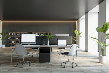 An modern office interior with desks, chairs, computers, shelves, decorative plants, and large windows, on a wood floor background, concept of a corporate workplace. 3D Rendering