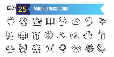 Mindfulness icons set outline vector. Mind stress. Relax peace for ui design isolated. Outline icon collection. Editable stroke.