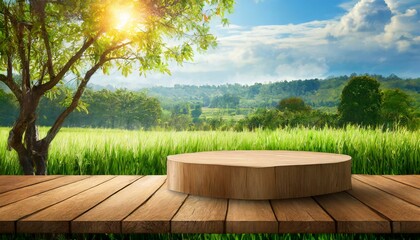 Nature's Bounty: Wooden Podium Table Set in Farm with Trees and Sunshine