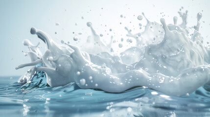 Milk splashes dynamically against a blue background, creating a crown-like shape and droplets in the air. - obrazy, fototapety, plakaty