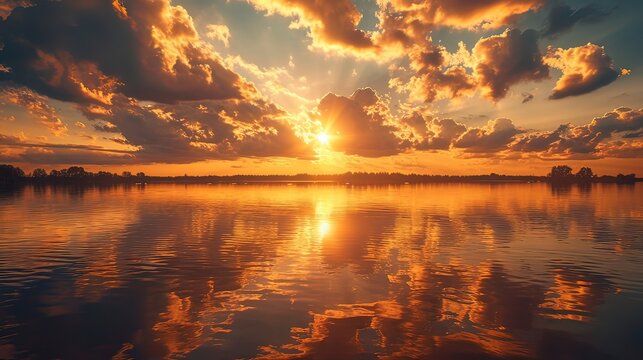 Panoramic view of a golden sunset over a serene lake, Generative ai.