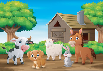 Cute farm animals cartoon in the farmyard