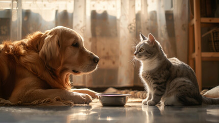 A dog and cat sit side by side near a food bowl. - Powered by Adobe