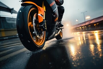 Close up shot of a tire of a motorcycle going on the road with a motion blur.