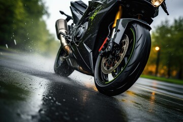 Close up shot of a tire of a motorcycle going on the road with a motion blur. - obrazy, fototapety, plakaty