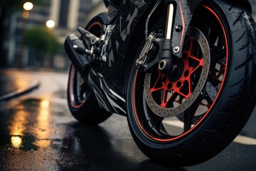 Close up shot of a tire of a motorcycle going on the road with a motion blur.