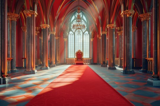 A grand throne room in a fantasy palace. A long red carpet runs down the center of the room, leading to an elaborate throne at the far end.