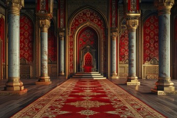 A grand throne room in a fantasy palace. A long red carpet runs down the center of the room, leading to an elaborate throne at the far end. - obrazy, fototapety, plakaty
