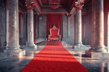 A grand throne room in a fantasy palace. A long red carpet runs down the center of the room, leading to an elaborate throne at the far end. - obrazy, fototapety, plakaty