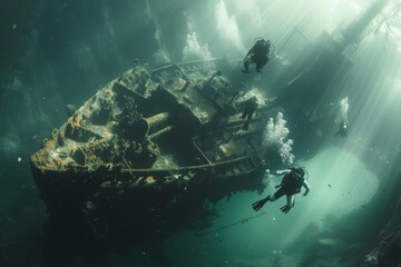 Scuba divers exploring an underwater shipwreck, emphasizing the mystery and serenity of the sea.