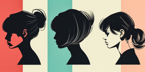 Diverse women profiles in a stylized illustration with vibrant colors - obrazy, fototapety, plakaty