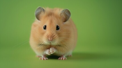 close-up of a hamster on a green background, gazing directly at the camera in a professional photo studio setting. Perfect for a pet shop banner or advertisement
