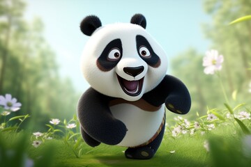 Cheerful panda smiling in nature, animation image - obrazy, fototapety, plakaty