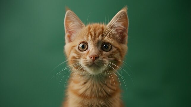 close-up of a young cat on a green background, gazing directly at the camera in a professional photo studio setting. Perfect for a pet shop banner or advertisement