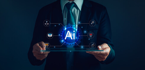Al, Artificial Intelligence, smart robot or technological innovation of future concept.Businessmen...
