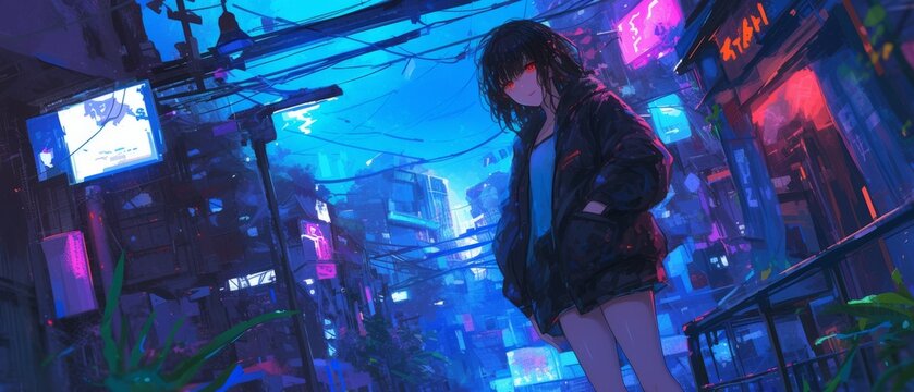 A young anime girl with short dark hair standing on a sidewalk in a city at night.