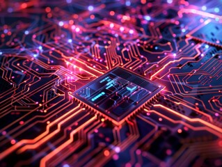 3D visual of a quantum computer chip a maze of neon and shadow