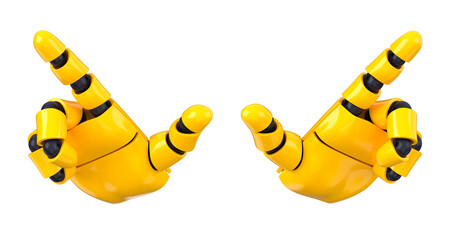 Yellow emoji bot hands showing or pointing up gesture. Isolated AI or automated concept set. 3d rendering
