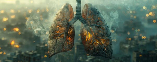A close-up on unhealthy lungs against a polluted city backdrop, a powerful message on the effects of PM 2.5 Stark, real, impactful. - obrazy, fototapety, plakaty
