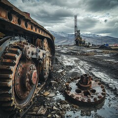 Heritage of Mining and Industry Vintage industrial and mining equipment set against modern landscapes, a tribute to the evolution of technology , cinematic
