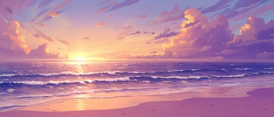 Fototapeta premium A digital painting of a sunset over the ocean. The sky is ablaze with color, with streaks of orange, pink, and purple.