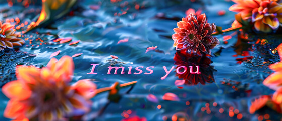 A beautiful image of a flower with the words I miss you written in pink, symbol of love