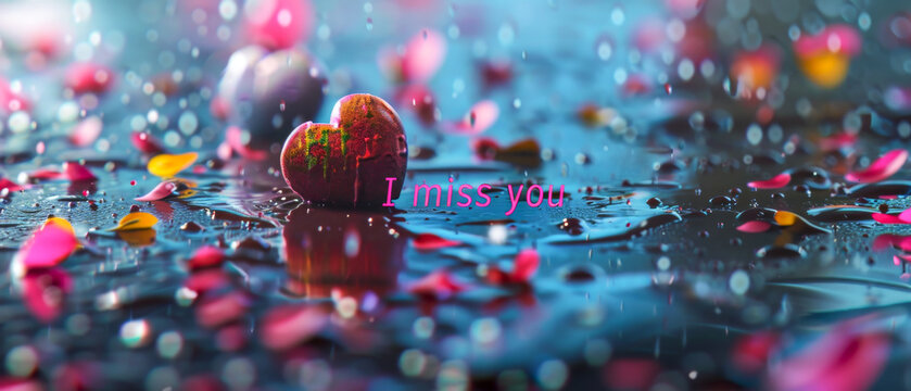 A heart is floating in a puddle of water with the words I miss you