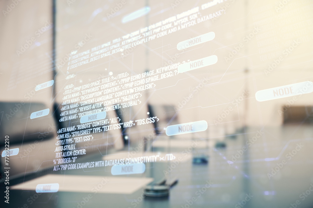 Poster Double exposure of abstract creative programming illustration on a modern boardroom background, big data and blockchain concept