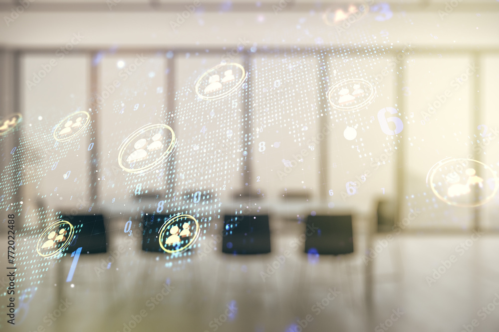 Aufkleber double exposure of social network icons interface and world map on a modern boardroom background. ne