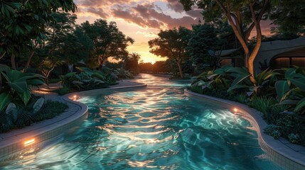 Lifelike 3D render of a lazy river ride at sunset, the water glowing with reflections of the sky, tranquil and beautiful