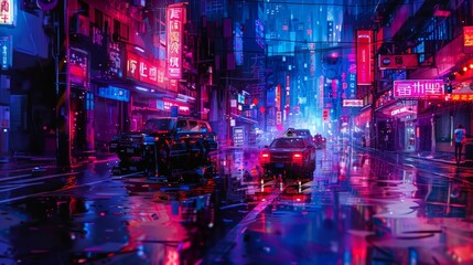 A cyberpunk cityscape where digital twins navigate neon-lit streets