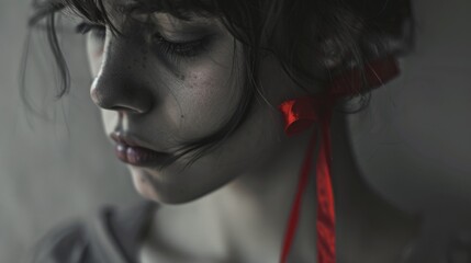 A young woman with a red ribbon, in a depressed state, a depressive scene, a two-color photograph in gray tones