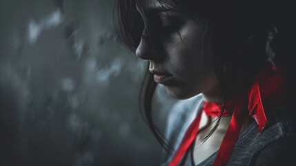 A young woman with a red ribbon, in a depressed state, a depressive scene, a two-color photograph in gray tones