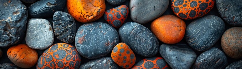 A pile of smooth, rounded pebbles with patterns in black and orange - obrazy, fototapety, plakaty