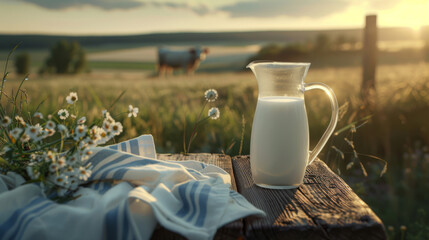 A pitcher and a glass of milk on a wooden table with a cow in the background during sunrise.