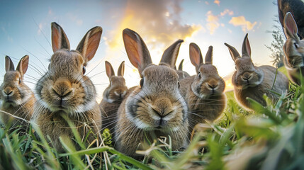 Obraz premium A group of three rabbits sitting on top of a grass-covered field