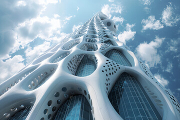 Create a conceptual image of a biomimetic skyscraper, incorporating organic patterns and textures...